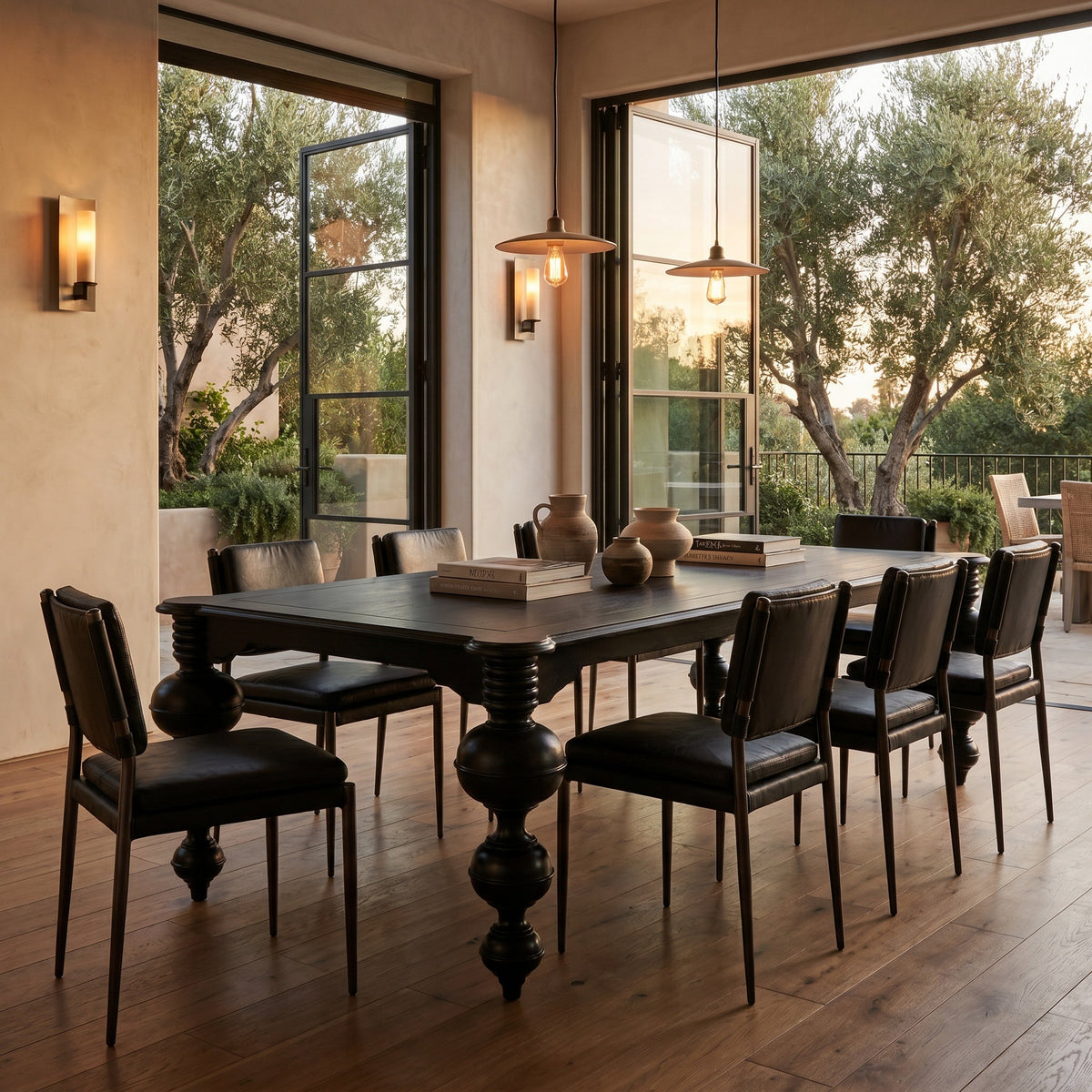 Noir Claudio Dining Table Hand-Rubbed Black styled in an interior setting