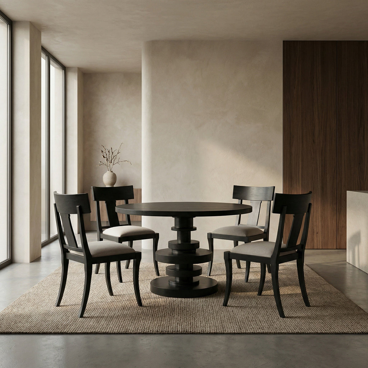 Noir Corum Dining Table Hand-Rubbed Black styled in an interior setting