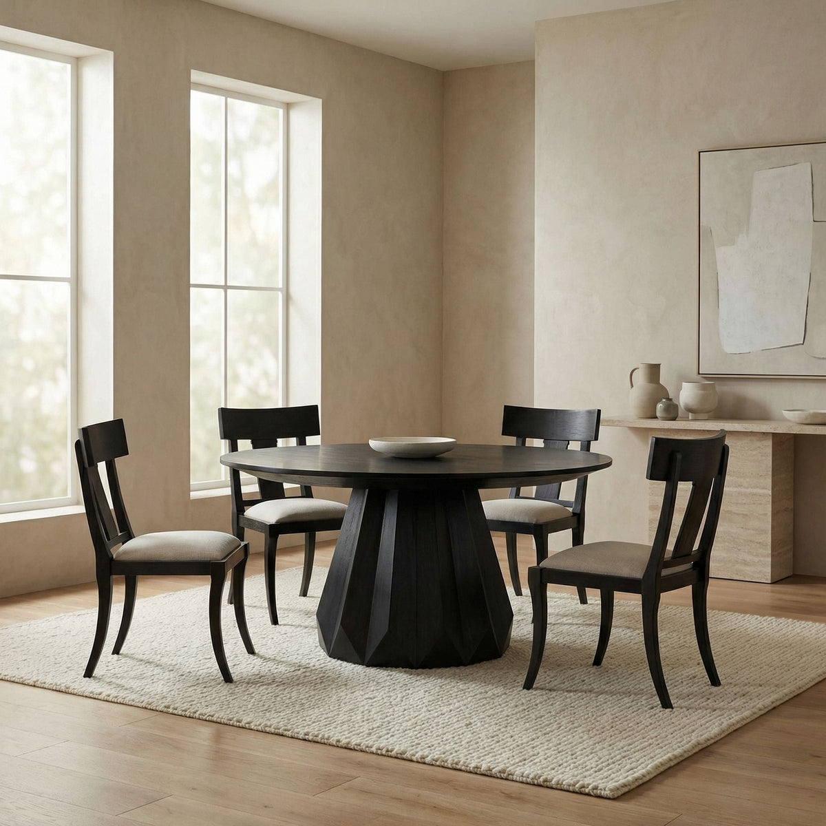 Noir Brosche Dining Table Hand-Rubbed Black styled in an interior setting