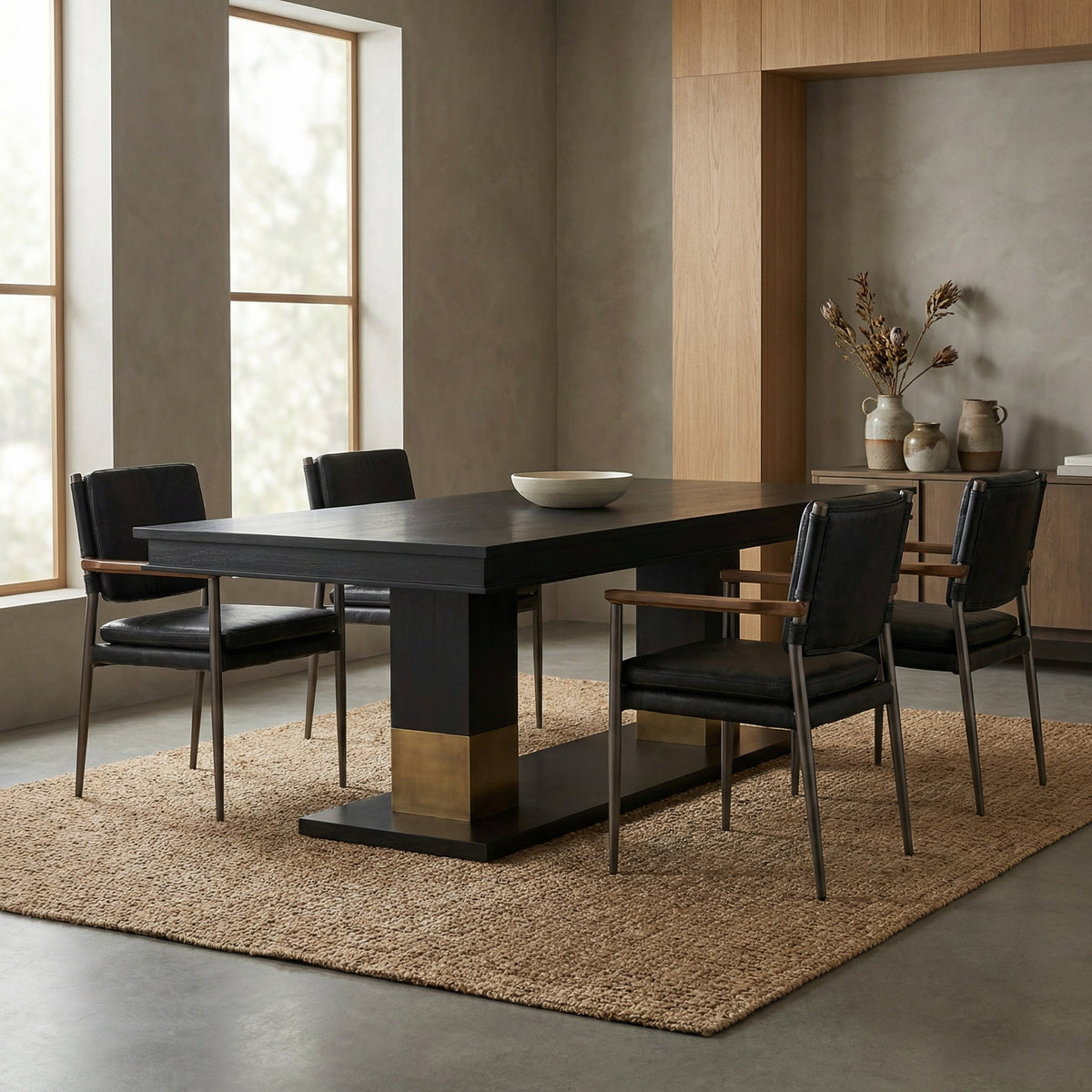Noir Ravenko Dining Table Hand-Rubbed Black, Brass styled in an interior setting