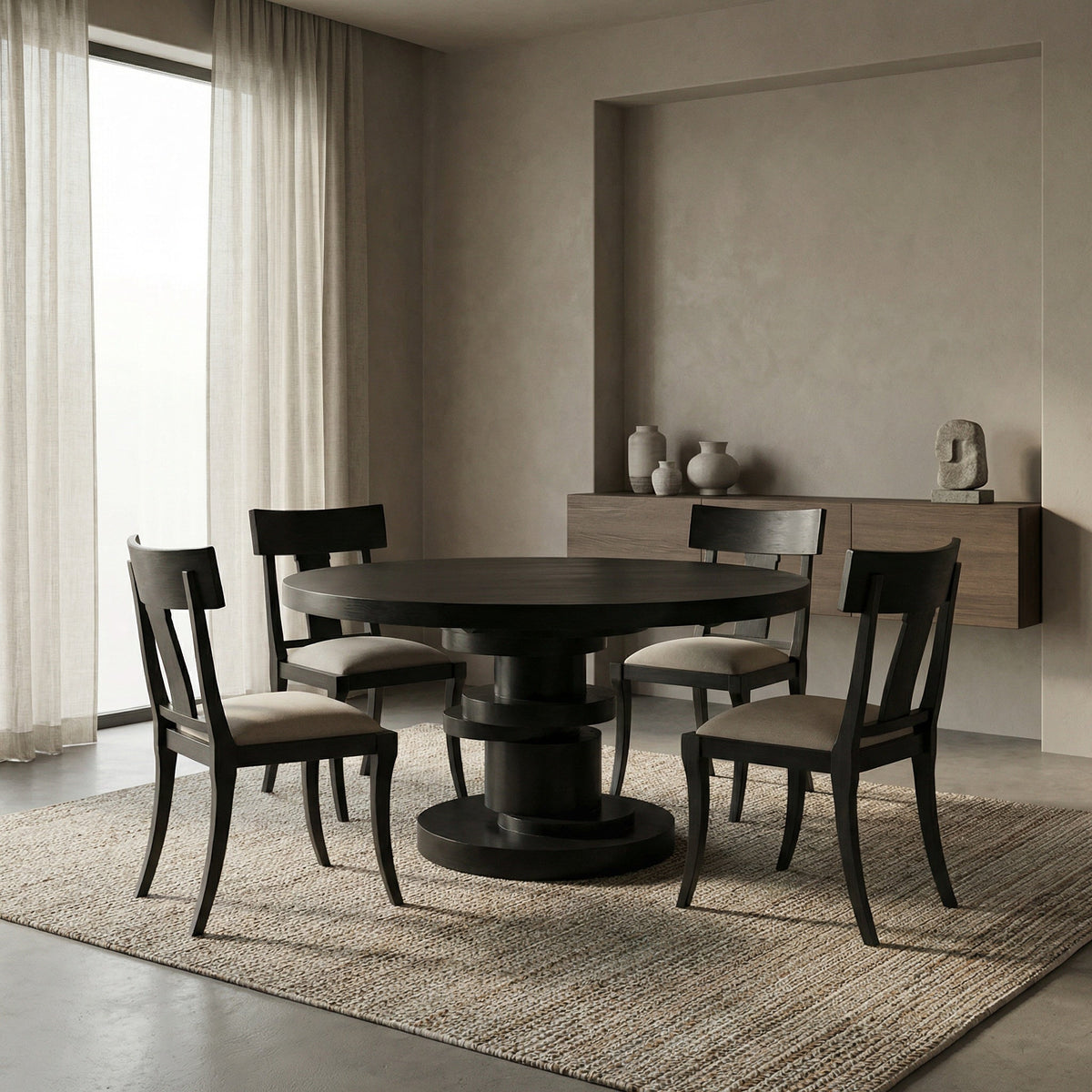 Noir Hugo Dining Table Hand-Rubbed Black styled in an interior setting