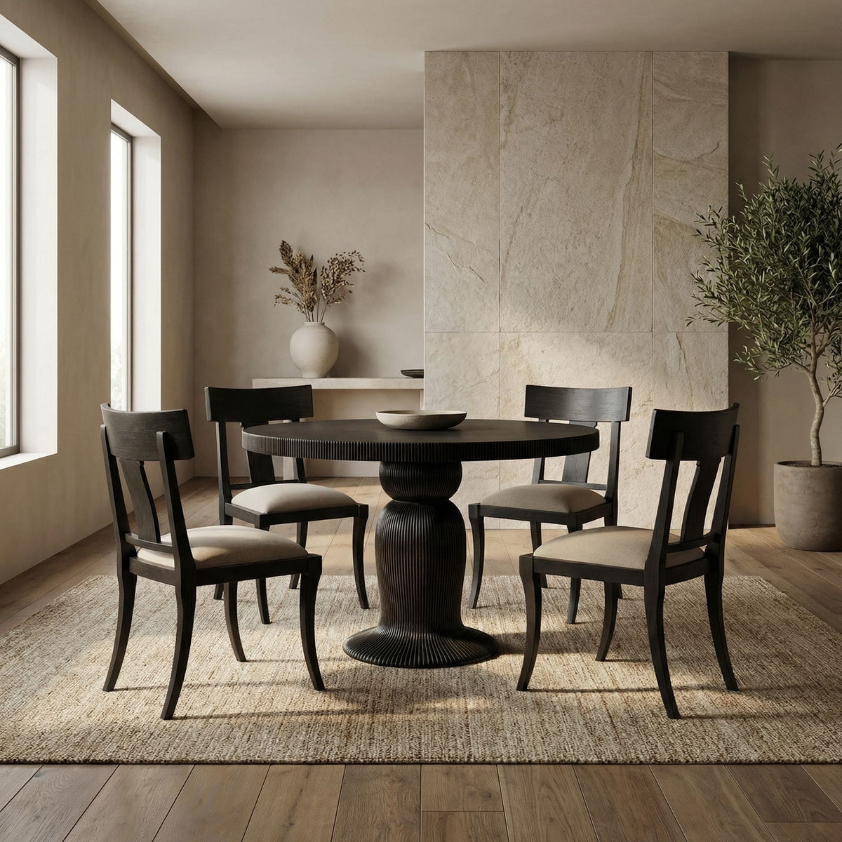 Noir Portobello Dining Table Hand-Rubbed Black, Light Brown styled in an interior setting