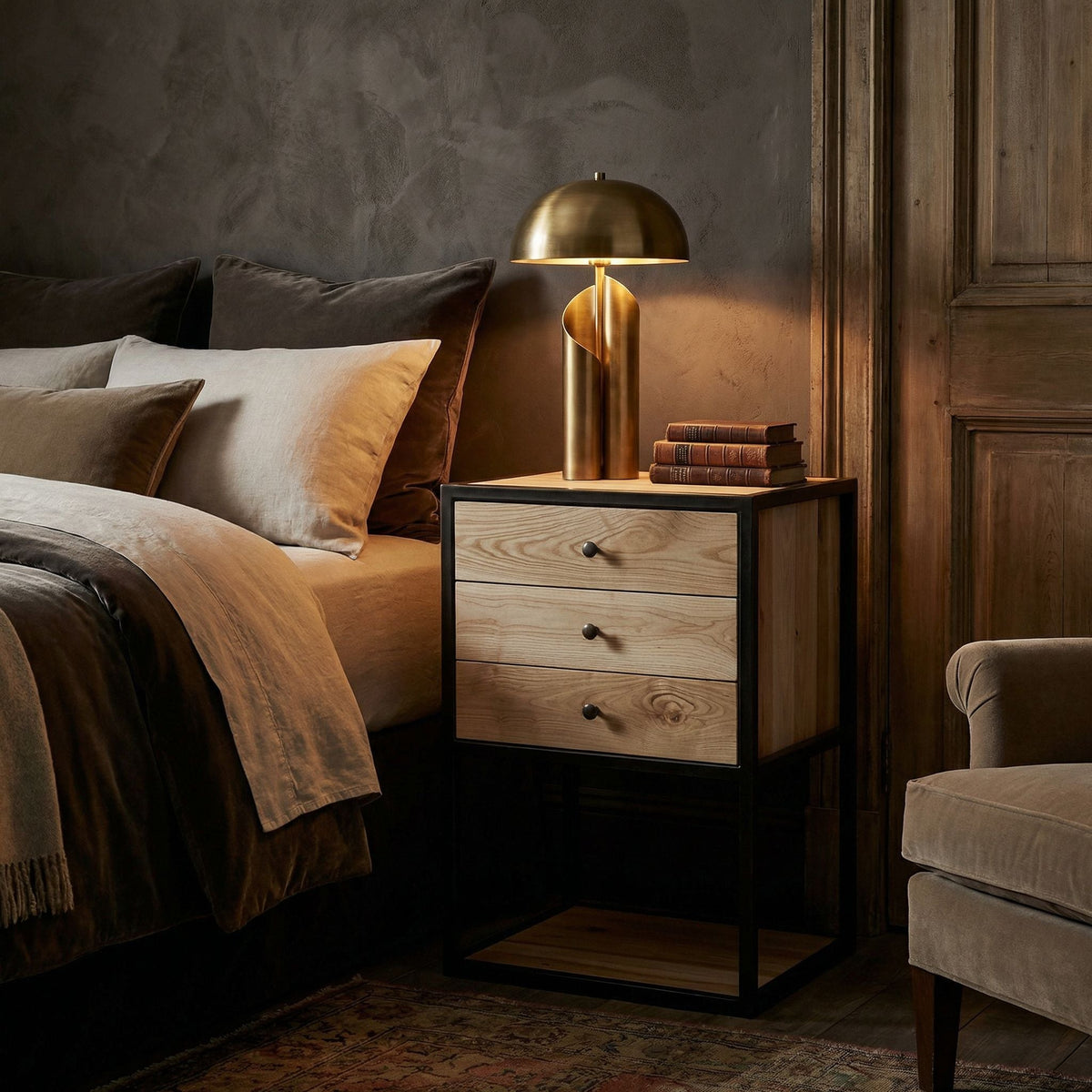 Noir Pearce Side Table Natural, Matte Black styled in an interior setting