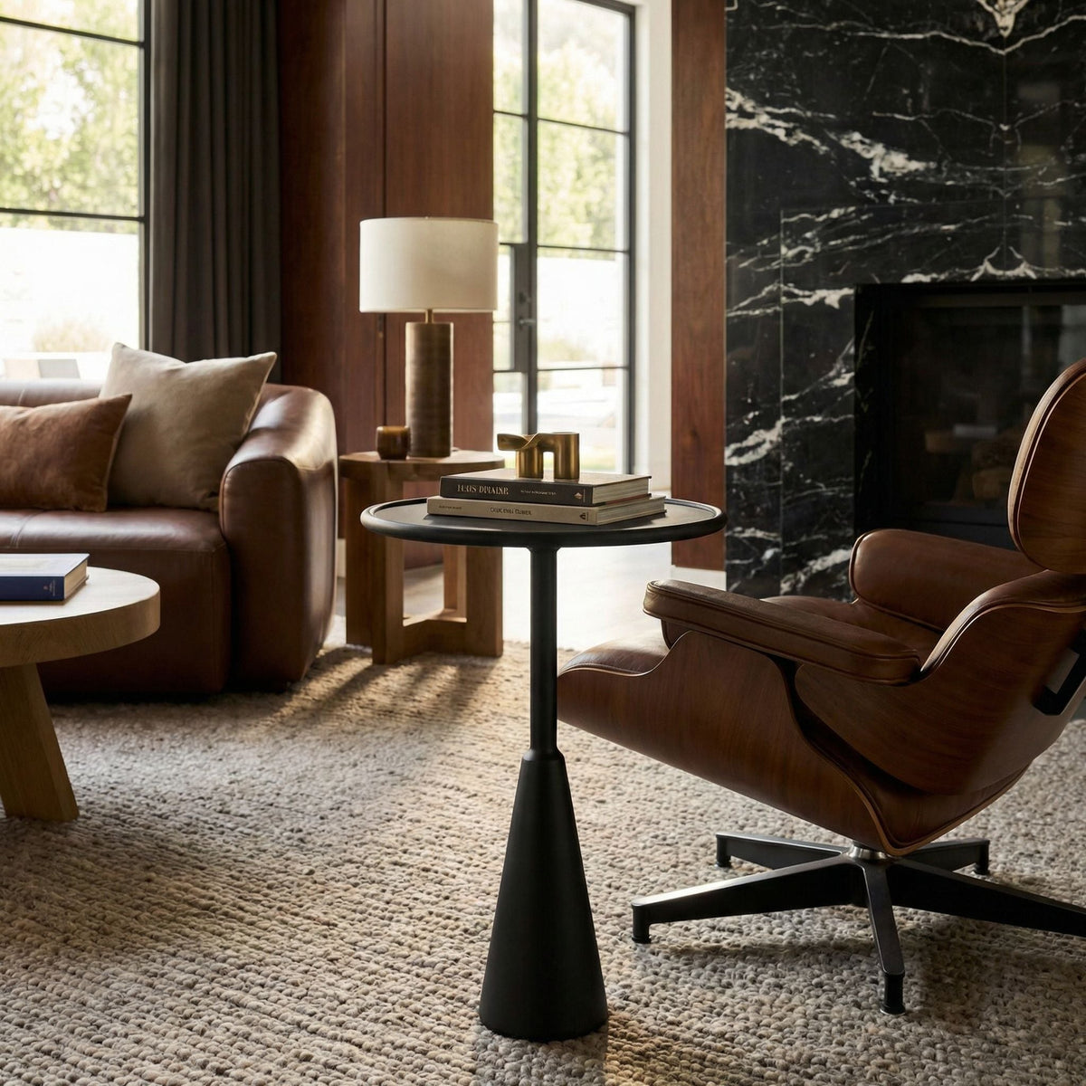 Noir Hiro Side Table Matte Black 24.5 inch styled in an interior setting