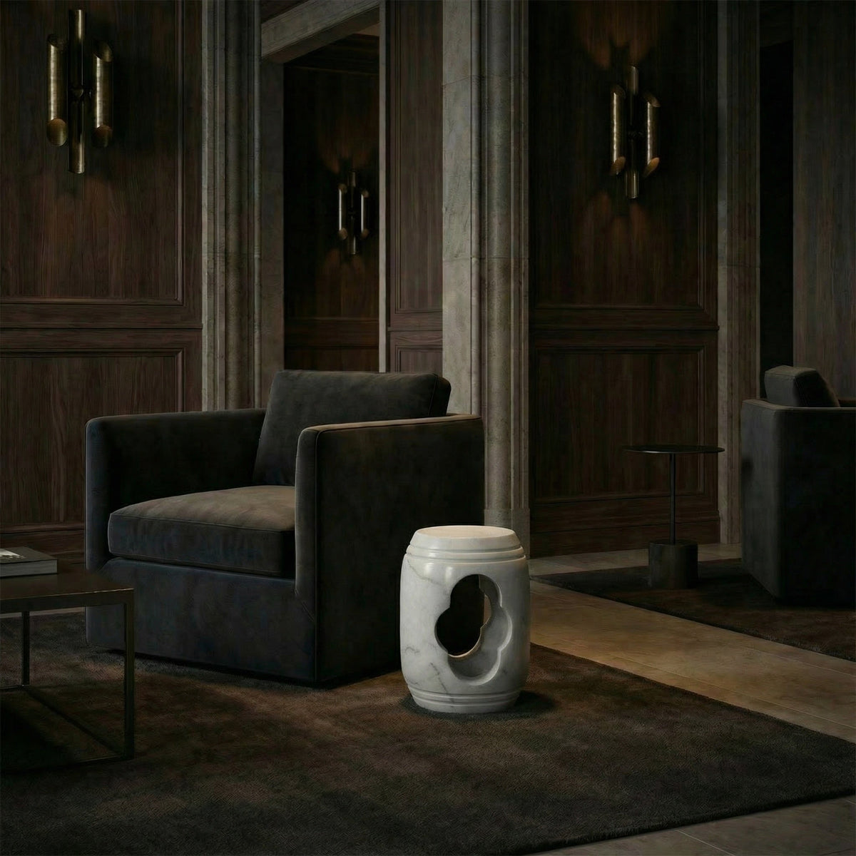 Noir Legend Side Table Natural, Bianco Crown Marble styled in an interior setting