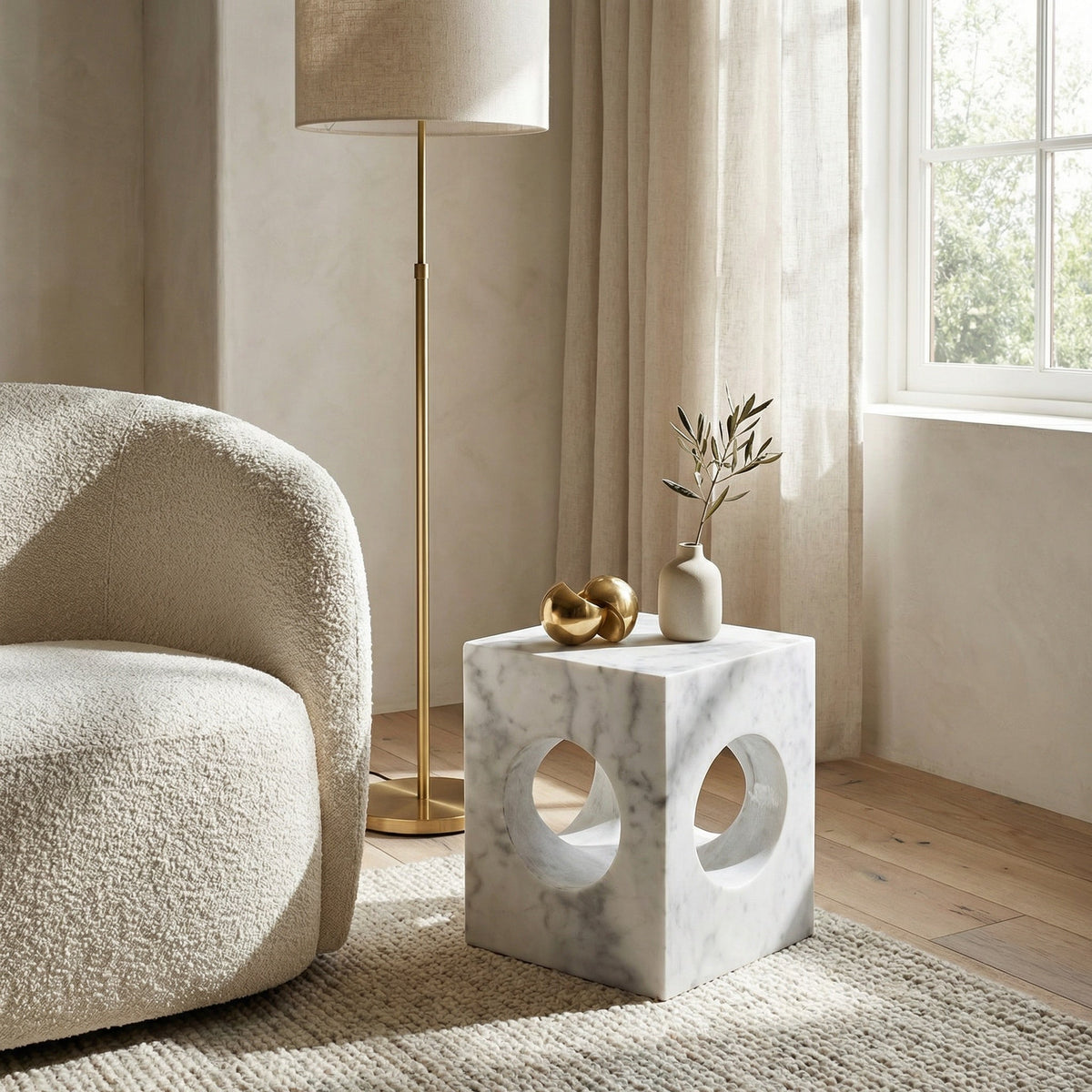 Noir Merlin Side Table White shown in a styled room setting