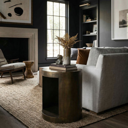 Noir Chrysler Side Table Aged Brass styled in an interior setting