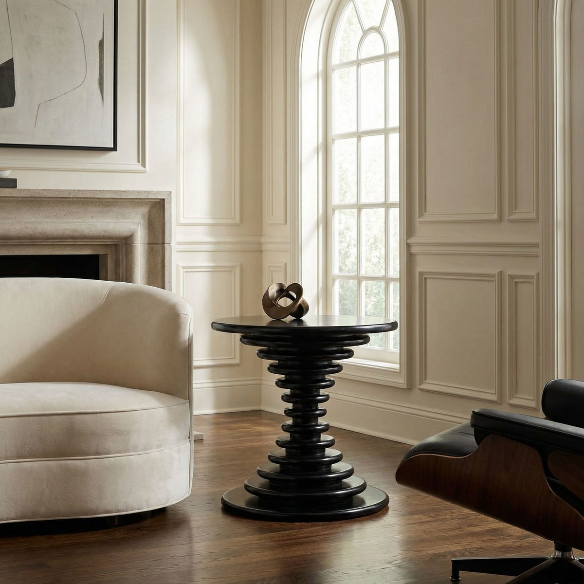 Noir Scheiben Side Table Hand-Rubbed Black styled in an interior setting