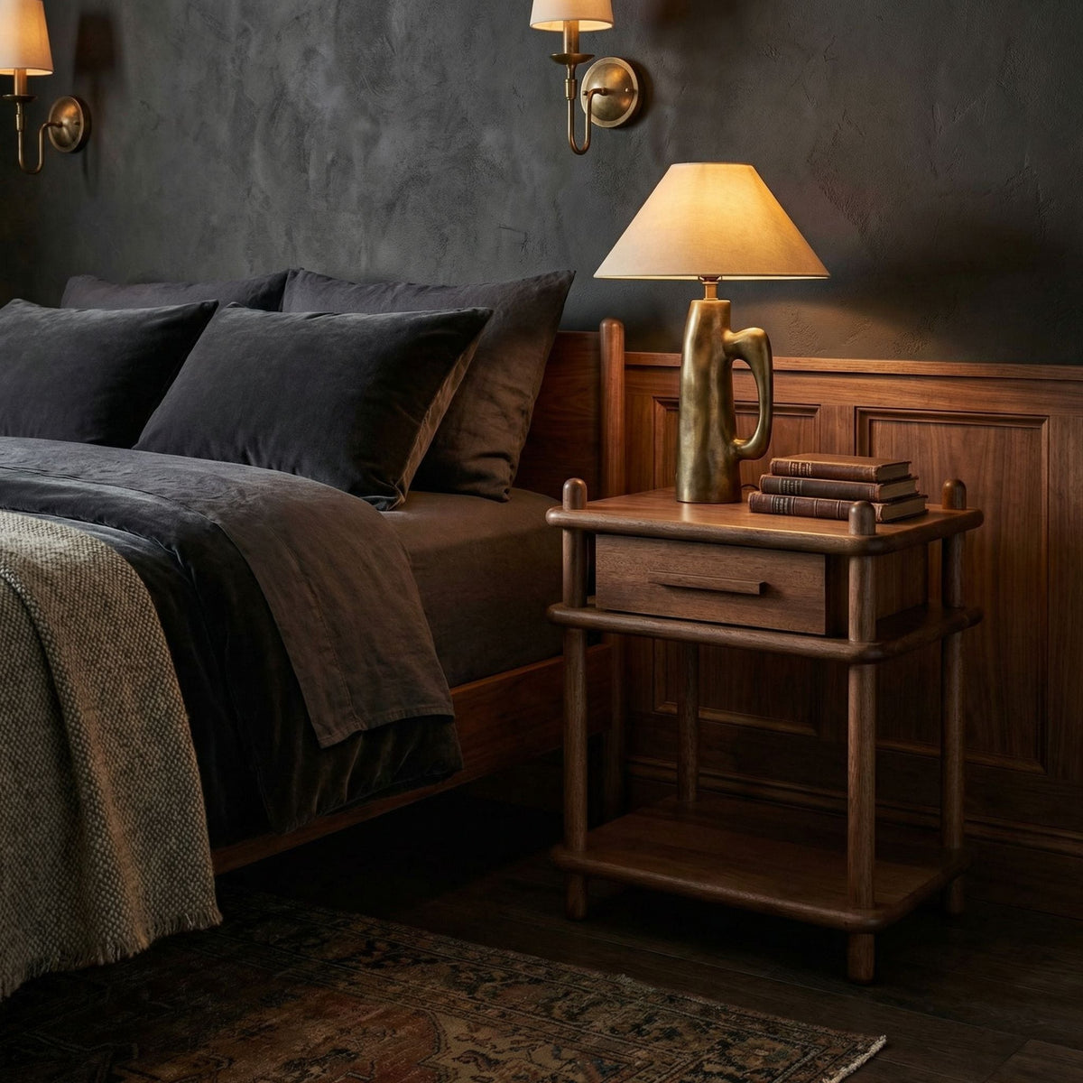 Noir Keller Side Table Dark Walnut styled in an interior setting