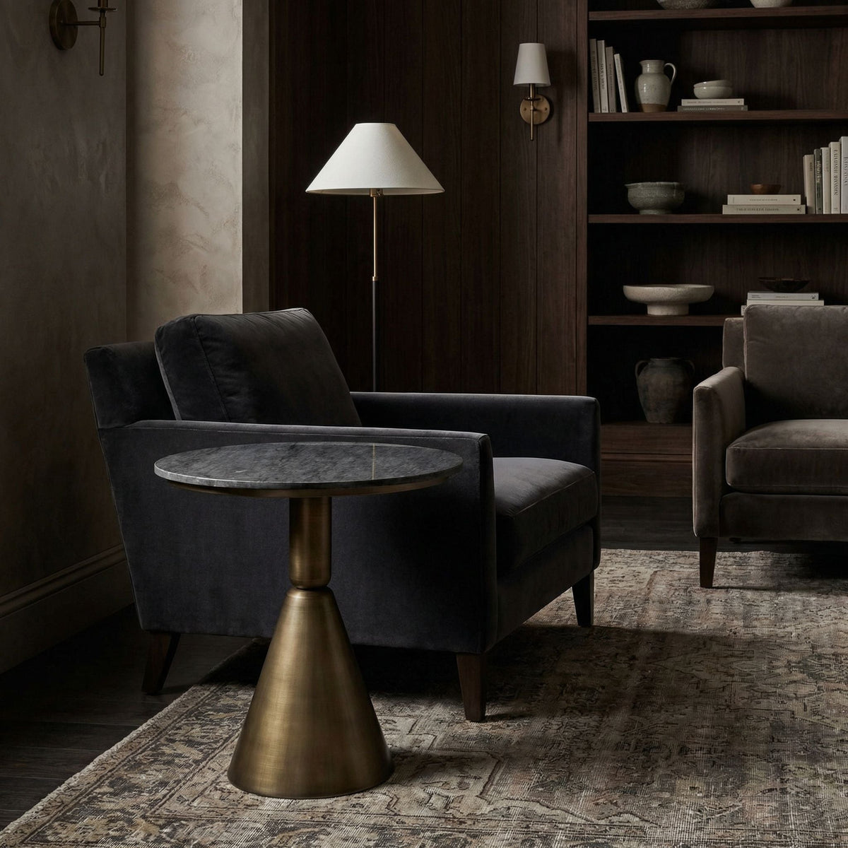 Noir Nagoya Side Table Aged Brass, Black Marble styled in an interior setting