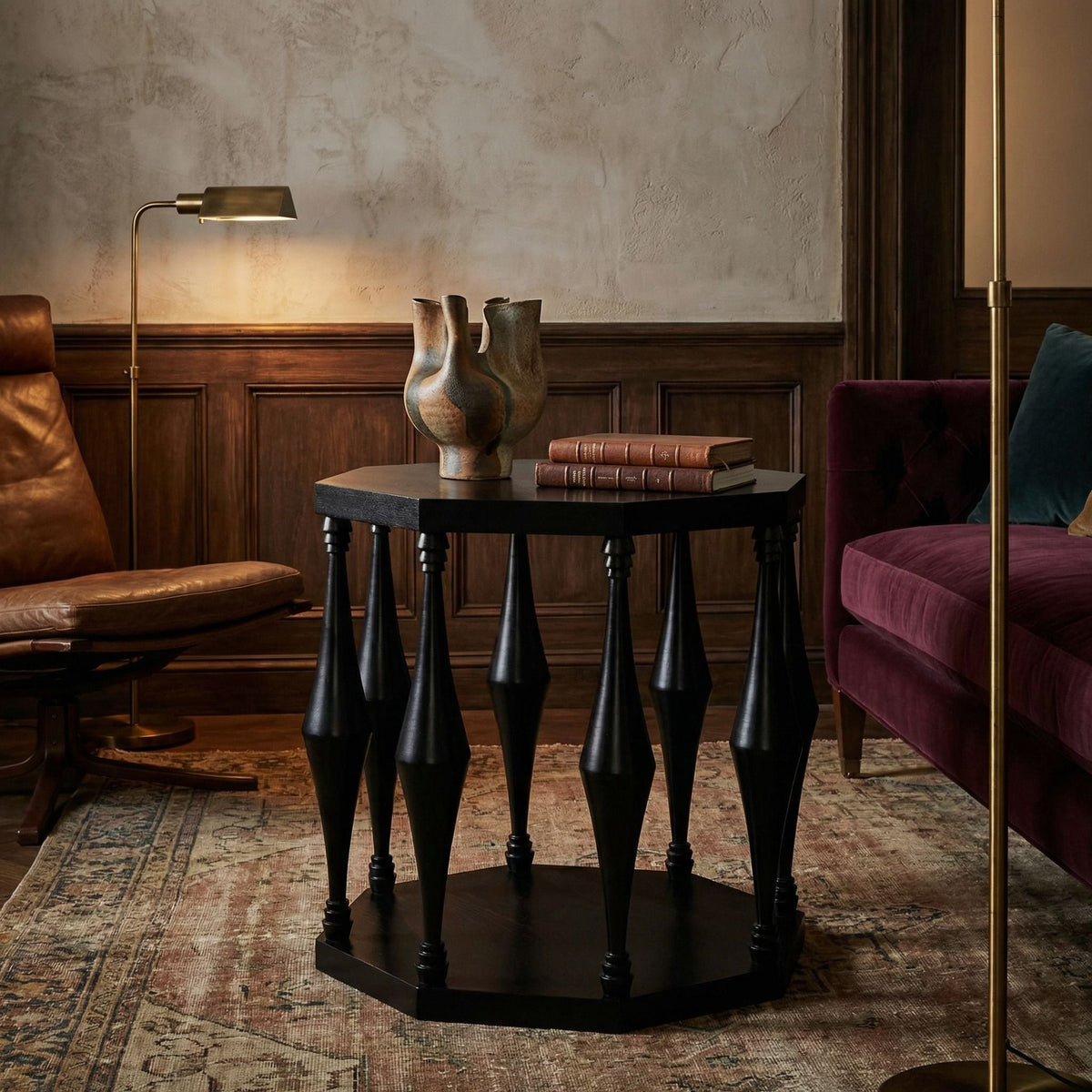 Noir Marceo Side Table Hand-Rubbed Black styled in an interior setting