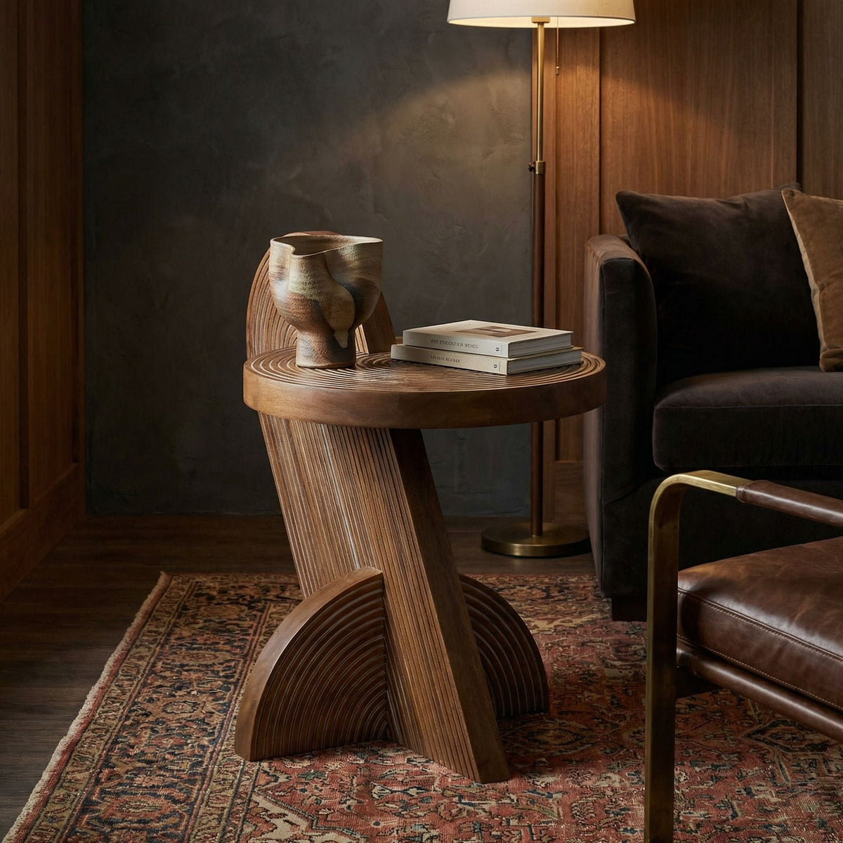 Noir Saturn Side Table Dark Walnut styled in an interior setting