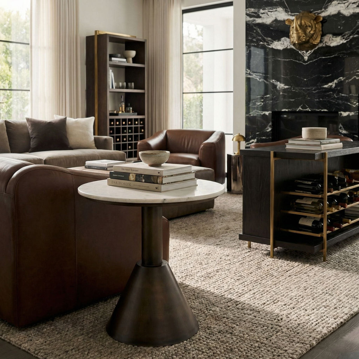 Noir Joseph Side Table Aged Brass styled in an interior setting
