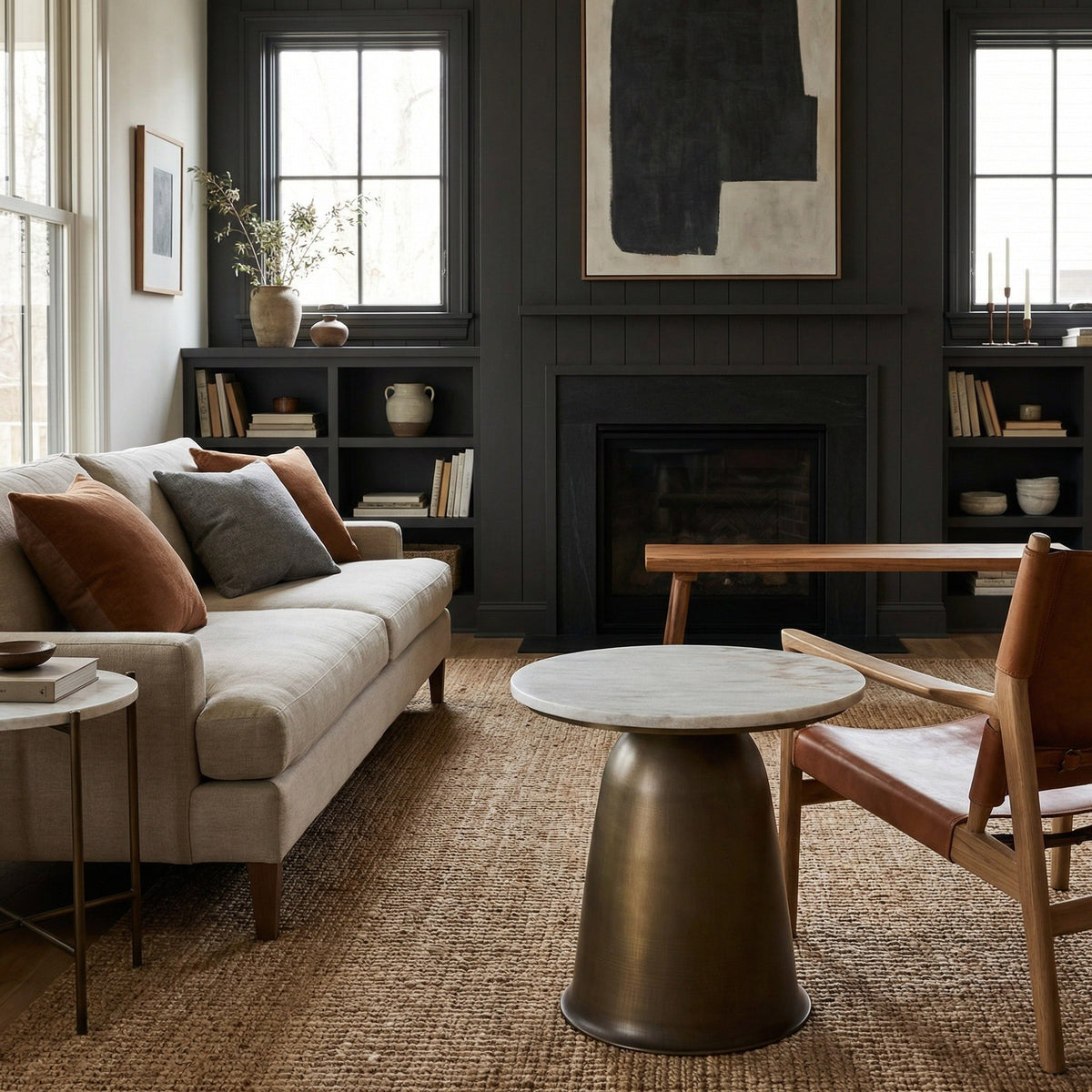 Noir Aiden Side Table Aged Brass styled in an interior setting