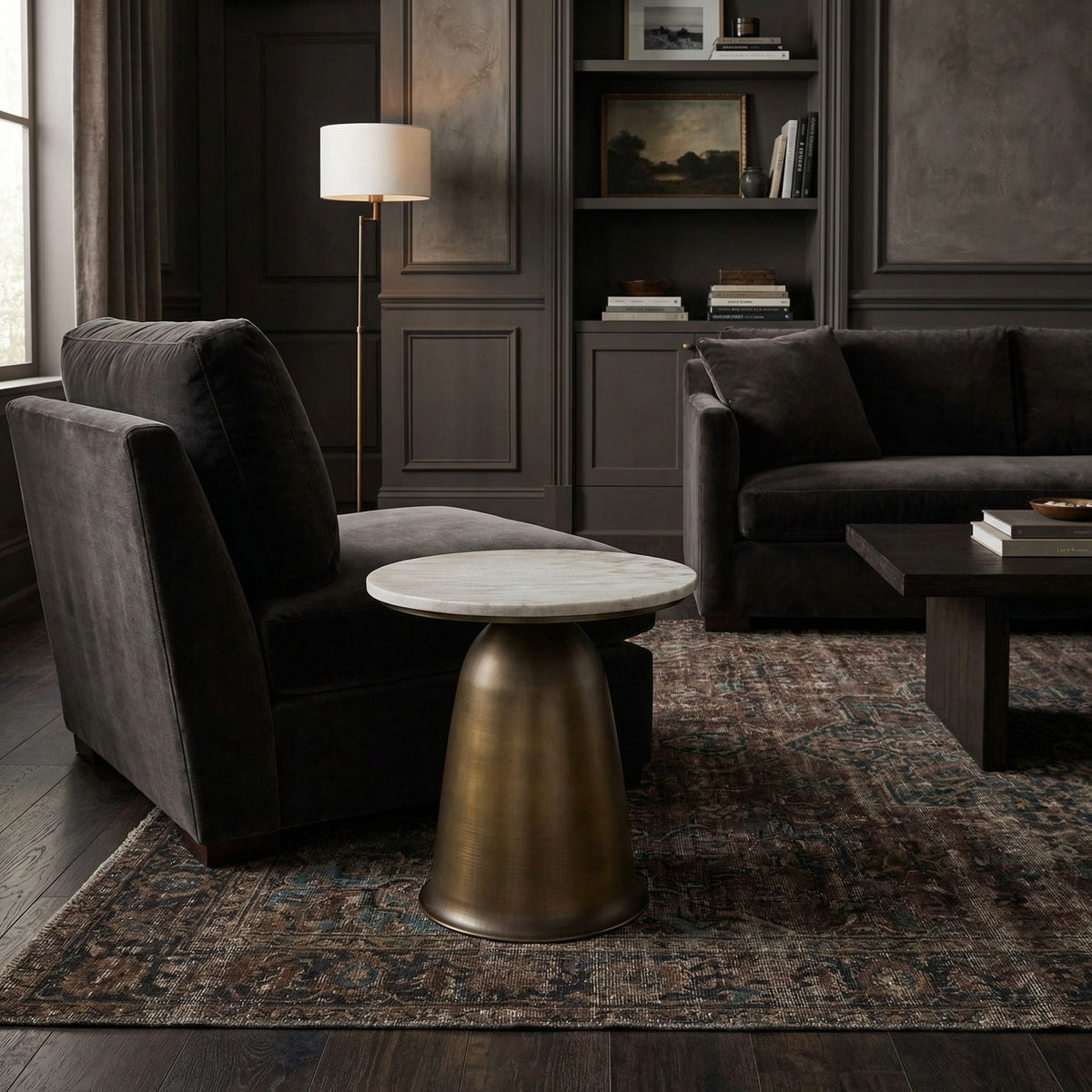 Noir Aiden Side Table Aged Brass shown in a styled room setting