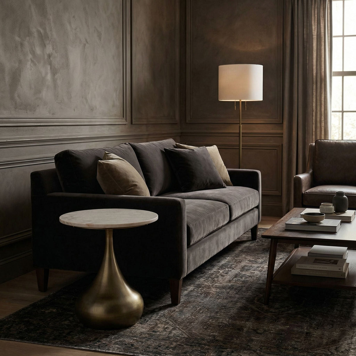Noir Mateo Side Table Aged Brass in a styled interior vignette
