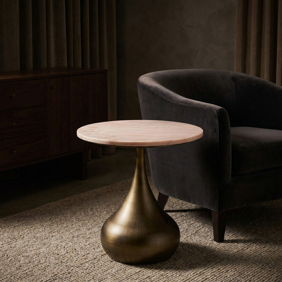 Noir Mateo Side Table Aged Brass styled in an interior setting