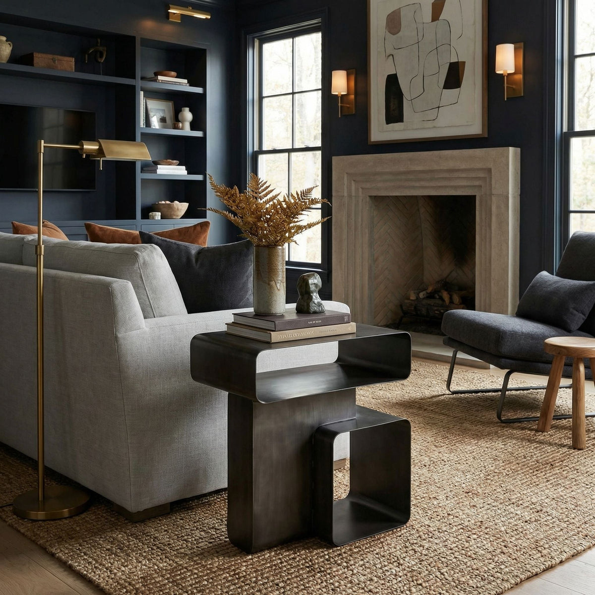 Noir Danville Side Table Gun Metal styled in an interior setting