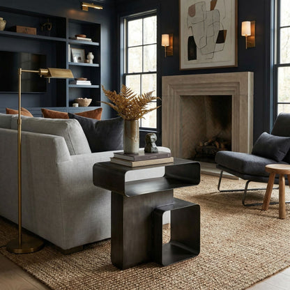 Noir Danville Side Table Gun Metal styled in an interior setting