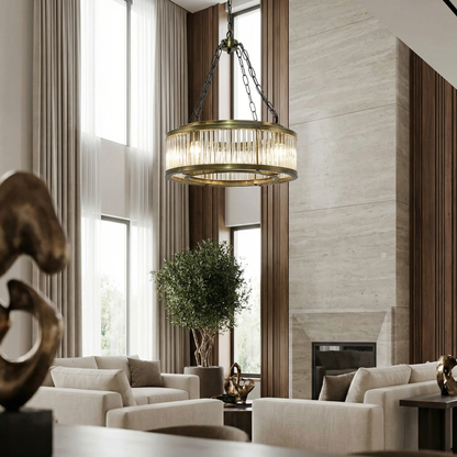 Noir Petronas Chandelier Antique Brass styled in an interior setting