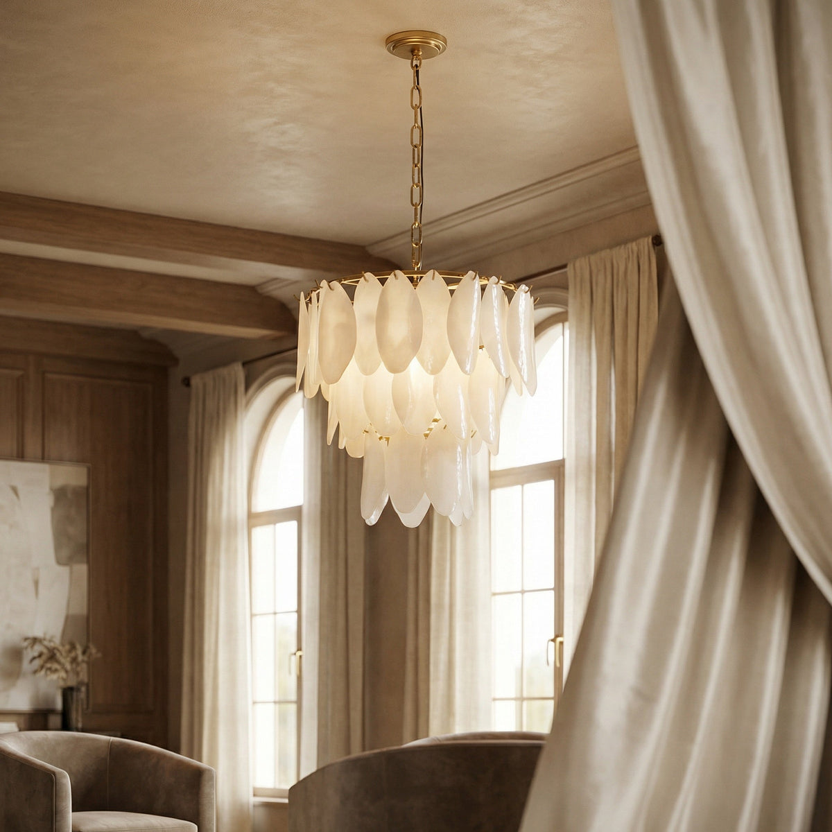 Noir Lotus Chandelier 4-Light Antique Brass 20 inch styled in an interior setting