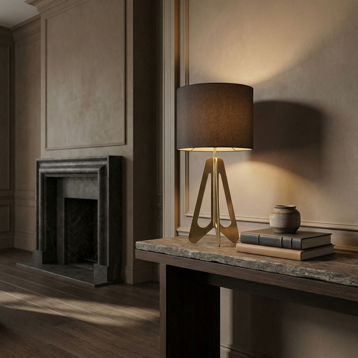 Noir Candis Table Lamp Antique Brass styled in an interior setting
