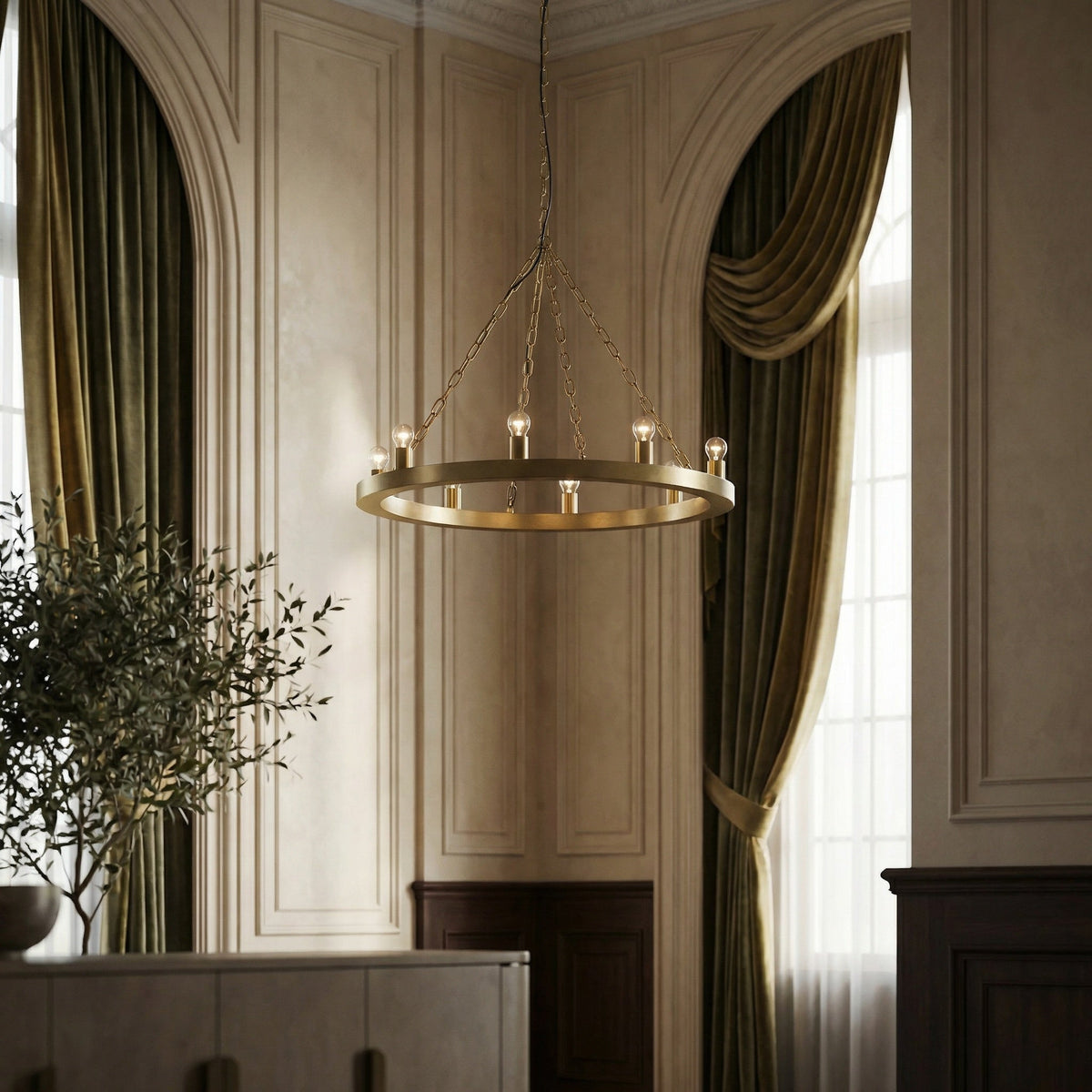 Noir Ciro Chandelier Antique Brass styled in an interior setting