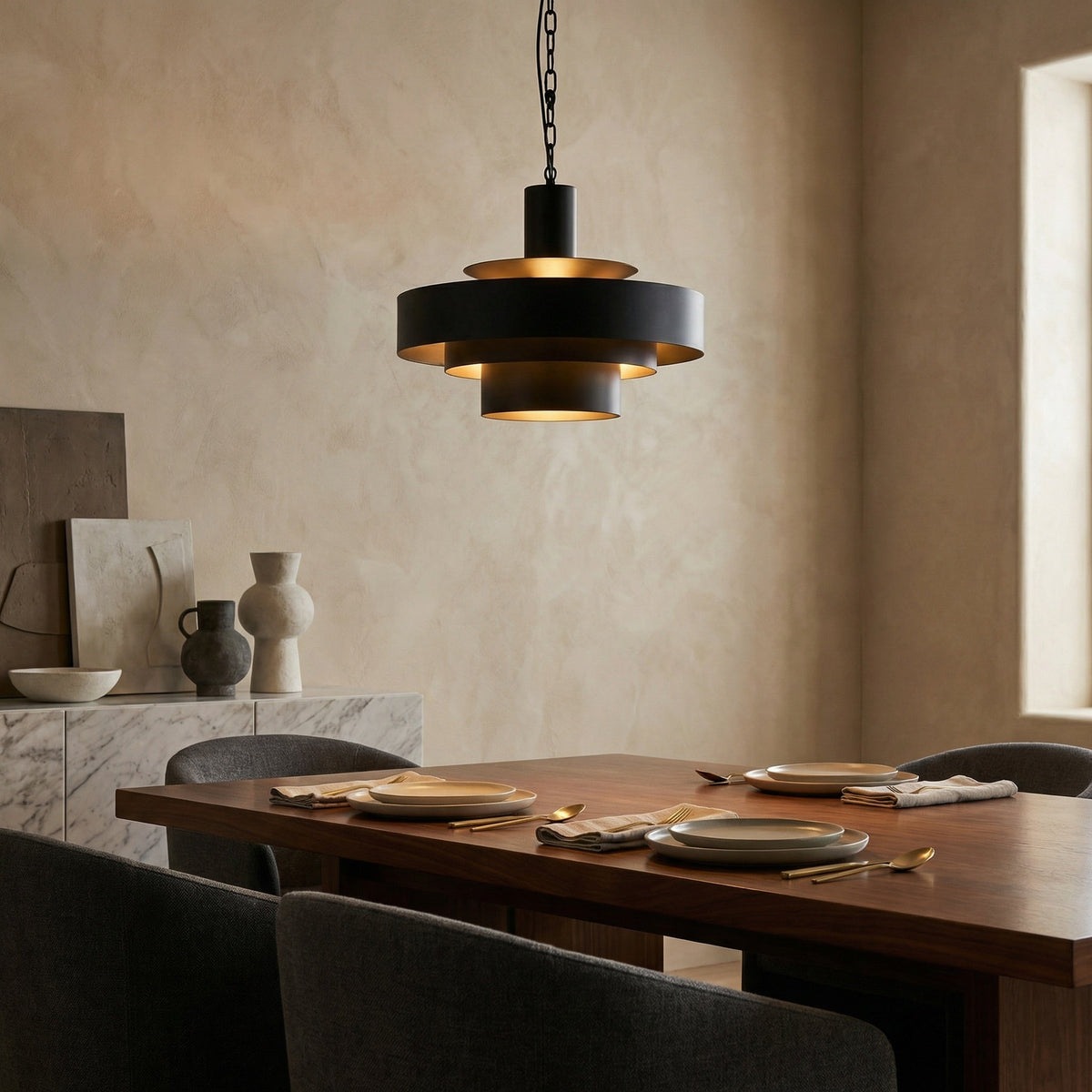 Noir Parlor Pendant Matte Black styled in an interior setting