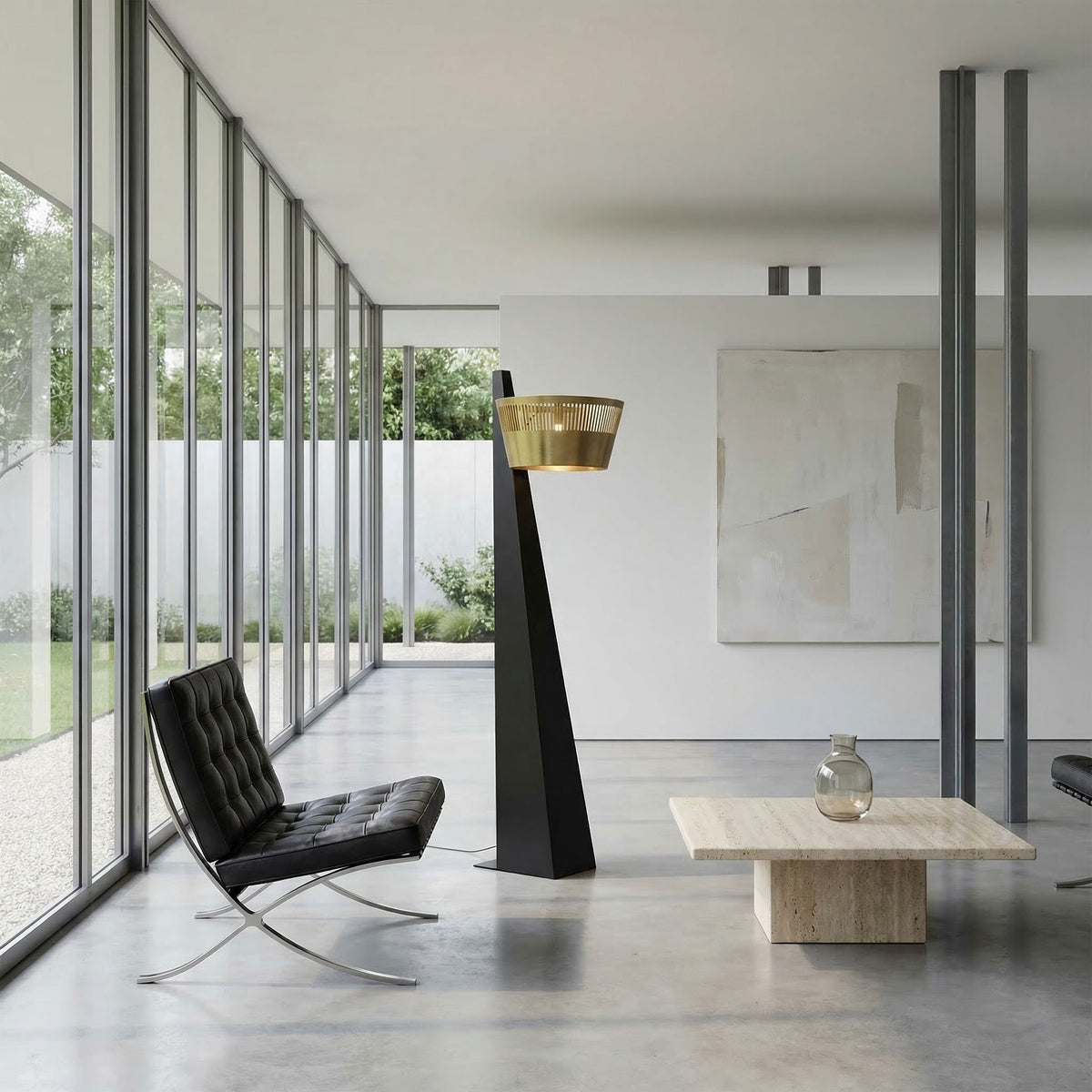 Noir Claudius Floor Lamp Matte Black, Antique Brass styled in an interior setting