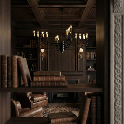 Noir Claude Chandelier Matte Black, Antique Brass styled in an interior setting