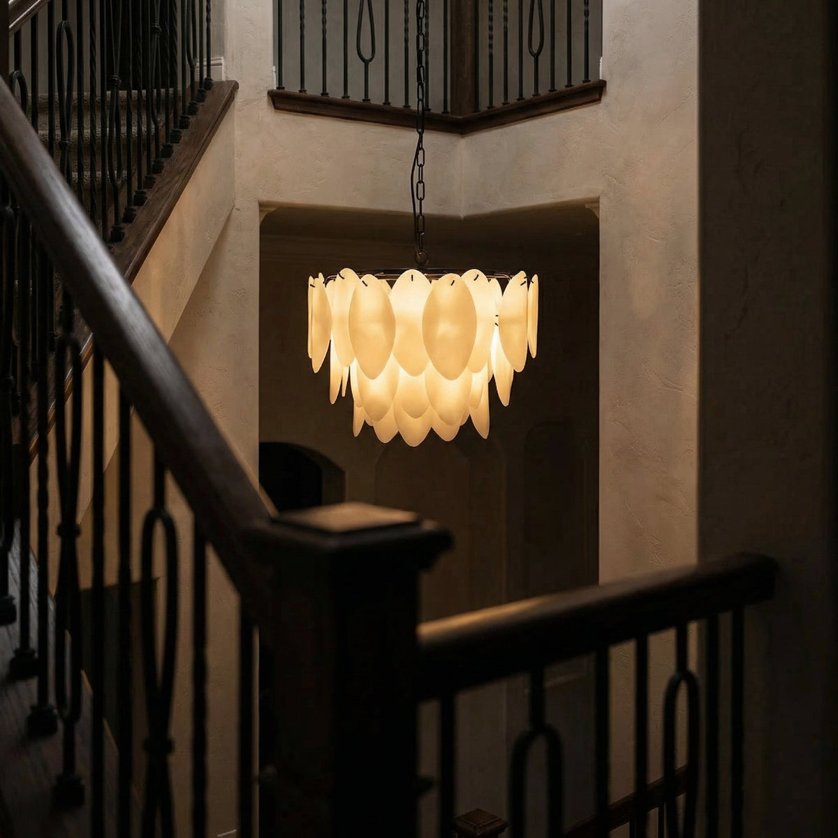 Noir Lotus Chandelier 4-Light Matte Black 23 inch styled in an interior setting