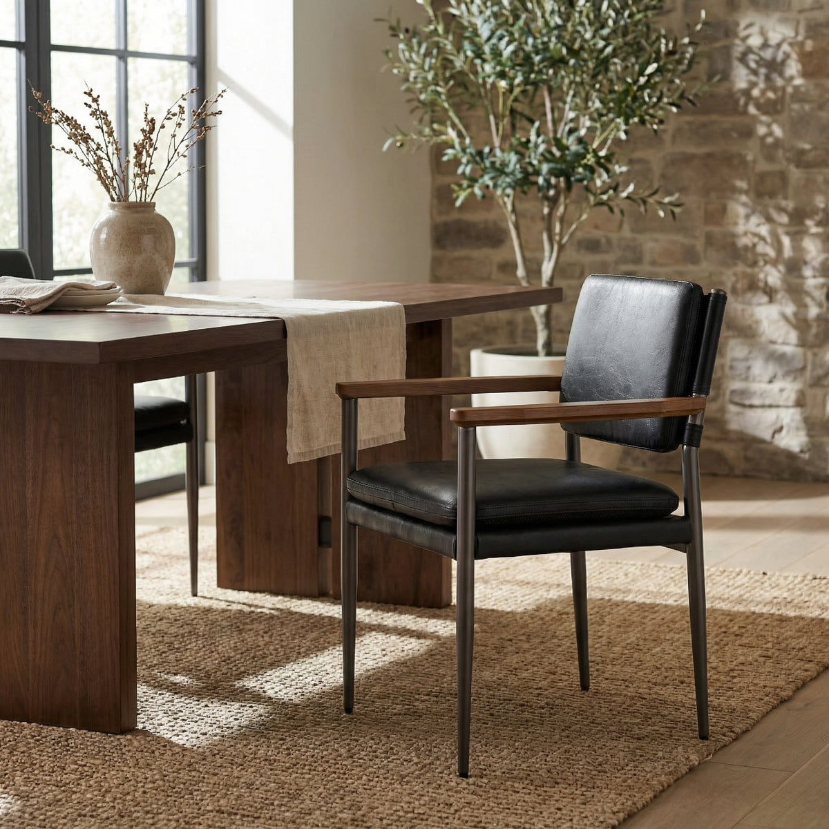 Noir Wooster Chair Steel Gray Powder Coat, Dark Walnut and Ebony styled in an interior setting