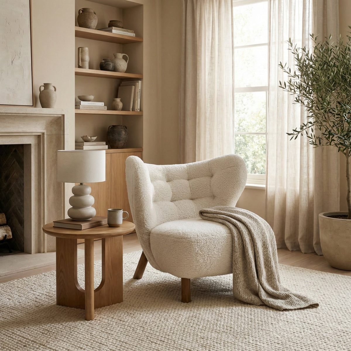 Noir Boggio Chair Dark Walnut and Off White Fabric styled in an interior setting