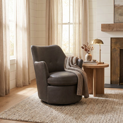 Noir Hotchkiss Swivel Arm Chair Brown Leather styled in an interior setting