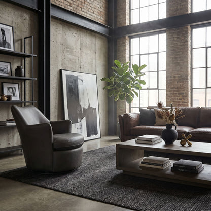 Noir Hotchkiss Swivel Arm Chair Brown Leather shown in a styled room setting