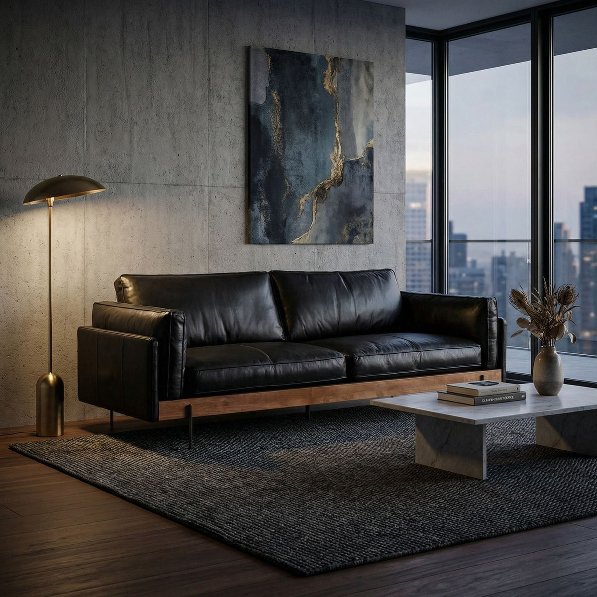 Noir Ray Sofa Dark Walnut, Onyx Black and Steel Gray Powder Coat styled in an interior setting
