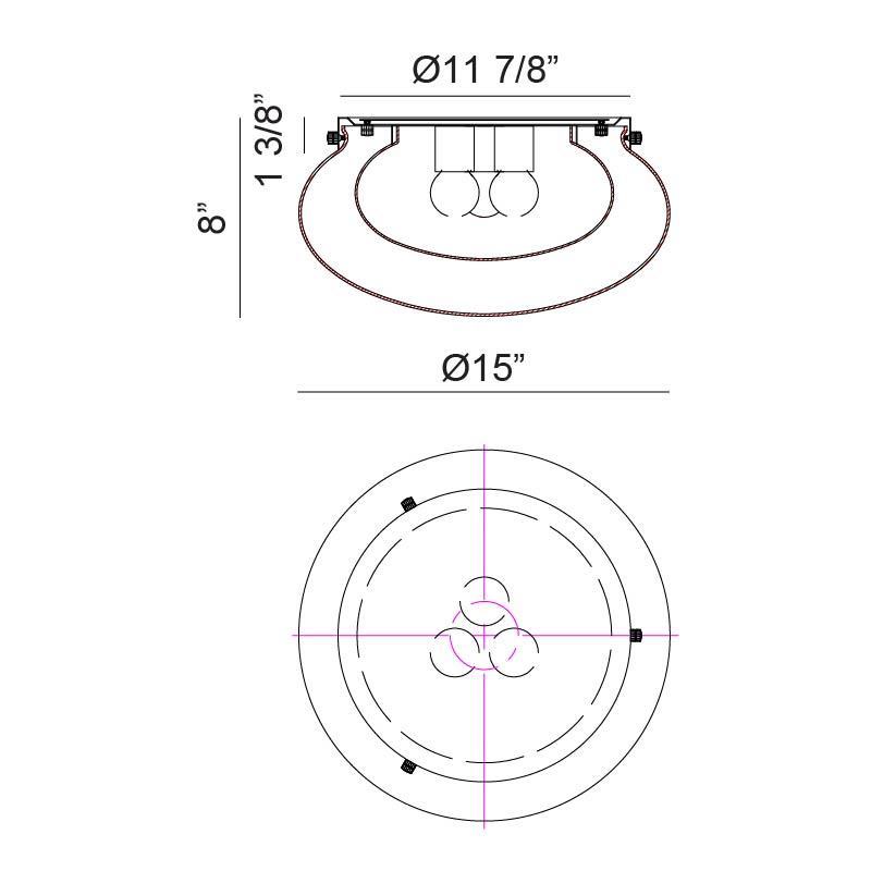 Matteo Lighting Caspian 15" 3-Light Flush Mount – line drawing with dimensions