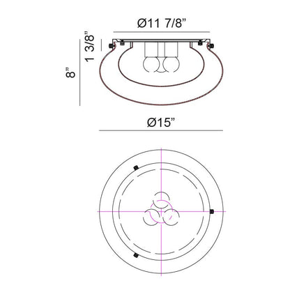 Matteo Lighting Caspian 15" 3-Light Flush Mount – line drawing with dimensions