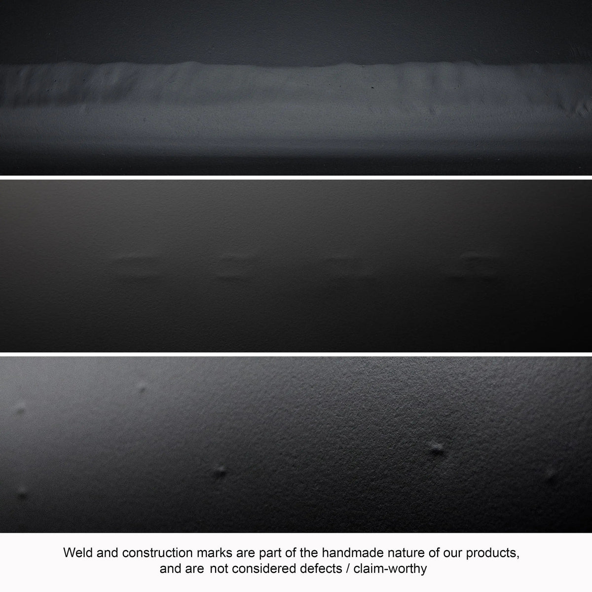 Close-up of weld seams and construction marks on Noir's matte black finish, a normal part of the handmade process
