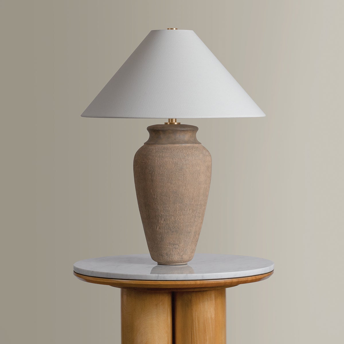 Troy Vessel Table Lamp Patina Brass / Ceramic Textural Umber Detail 1