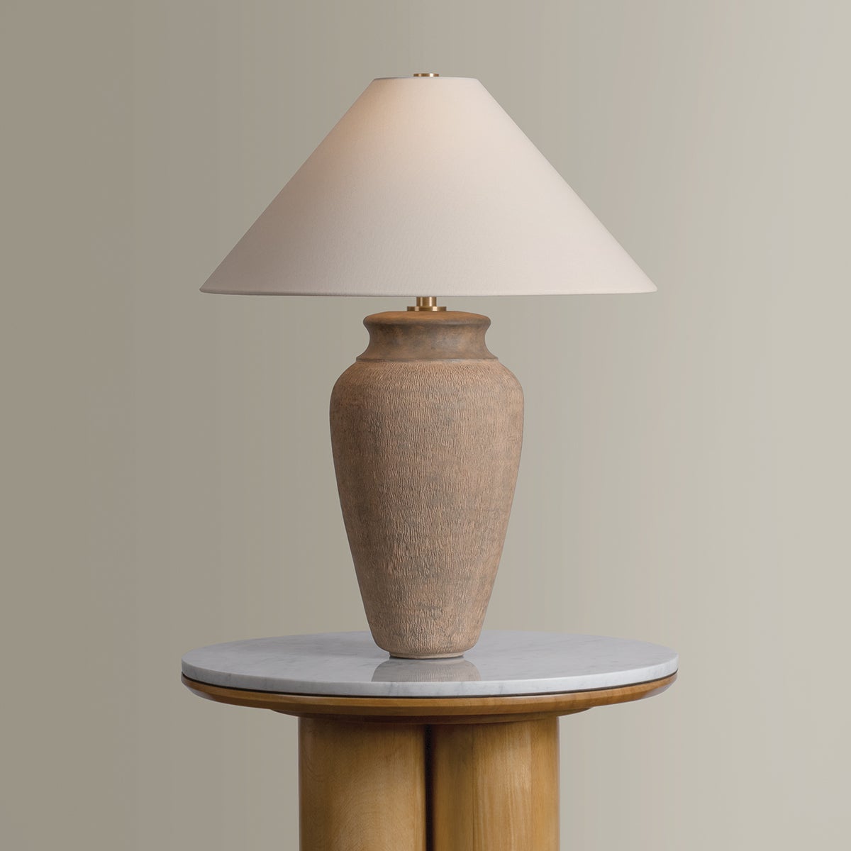 Troy Vessel Table Lamp Patina Brass / Ceramic Textural Umber Detail 2