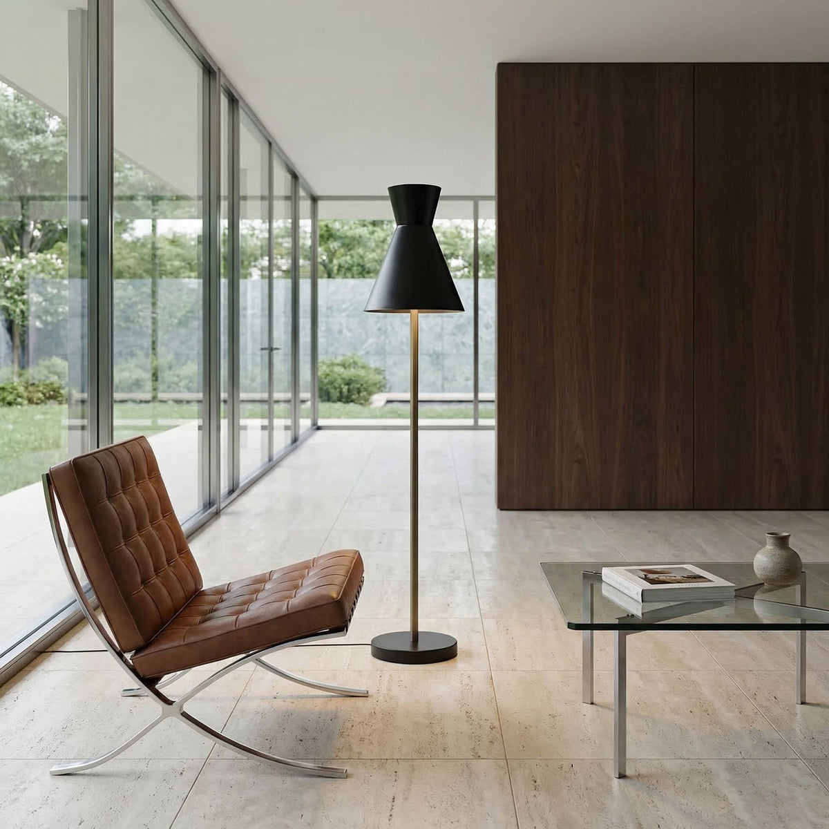 Noir Thinking Cap Floor Lamp Matte Black, Aged Brass styled in an interior setting