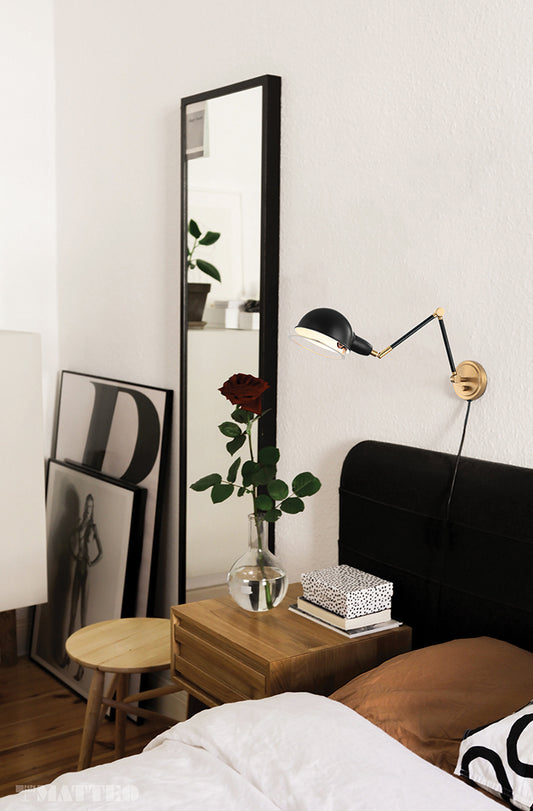 Matteo Lighting Blare Swing Arm Wall Sconce in Aged Gold Brass + Black, 6"W (S00721AGBK) – room scene