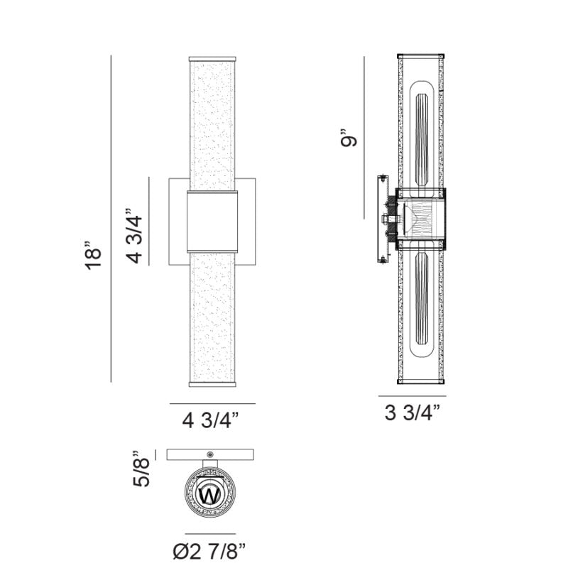 Matteo Lighting London 18" 2-Light Bath Vanity Light – line drawing with dimensions