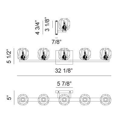 Matteo Lighting Carleton 32" 5-Light Bath Vanity Light – line drawing with dimensions