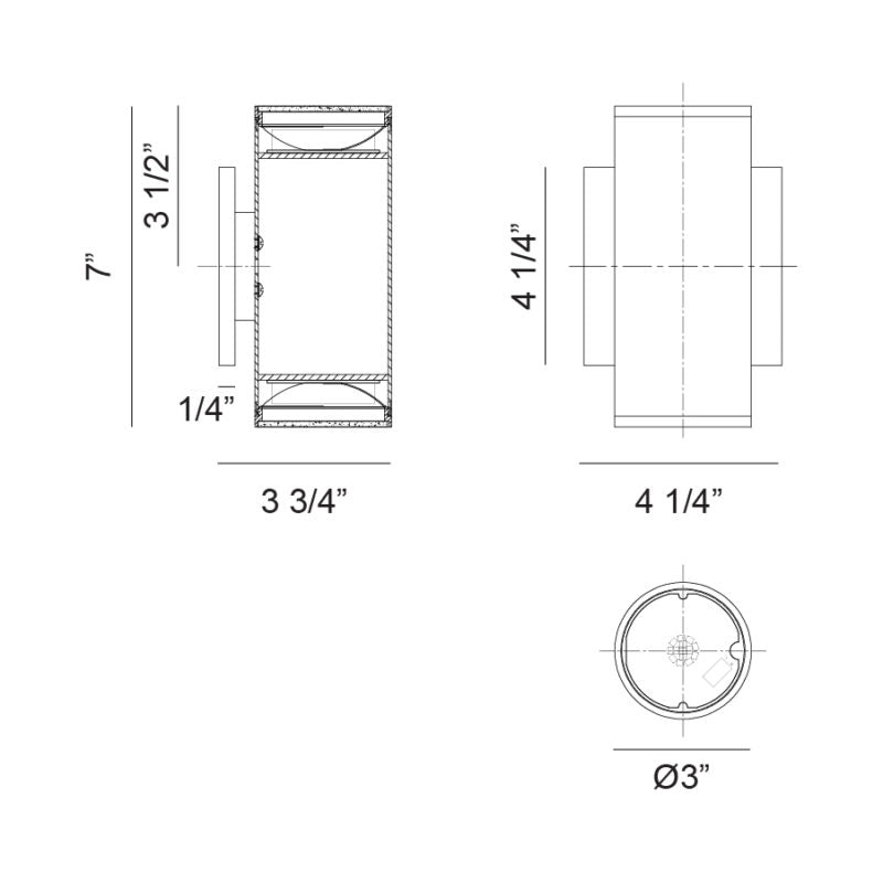Matteo Lighting Tubular 7" 2-Light LED Outdoor Wall Sconce – line drawing with dimensions
