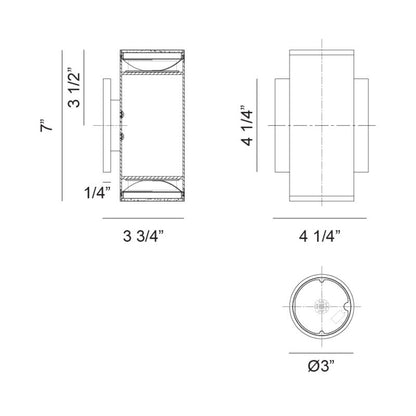 Matteo Lighting Tubular 7" 2-Light LED Outdoor Wall Sconce – line drawing with dimensions