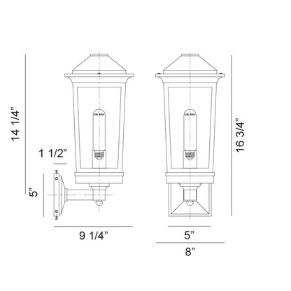 Matteo Lighting Ardenno 17" Outdoor Wall Lantern – line drawing with dimensions