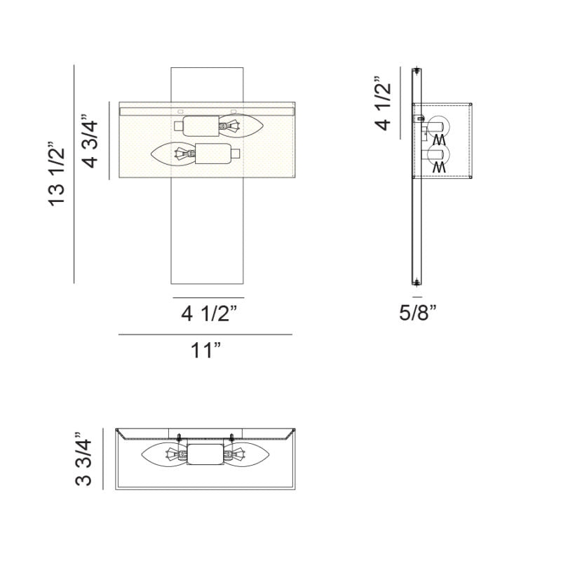 Matteo Lighting Stafford 14" 2-Light Wall Sconce – line drawing with dimensions