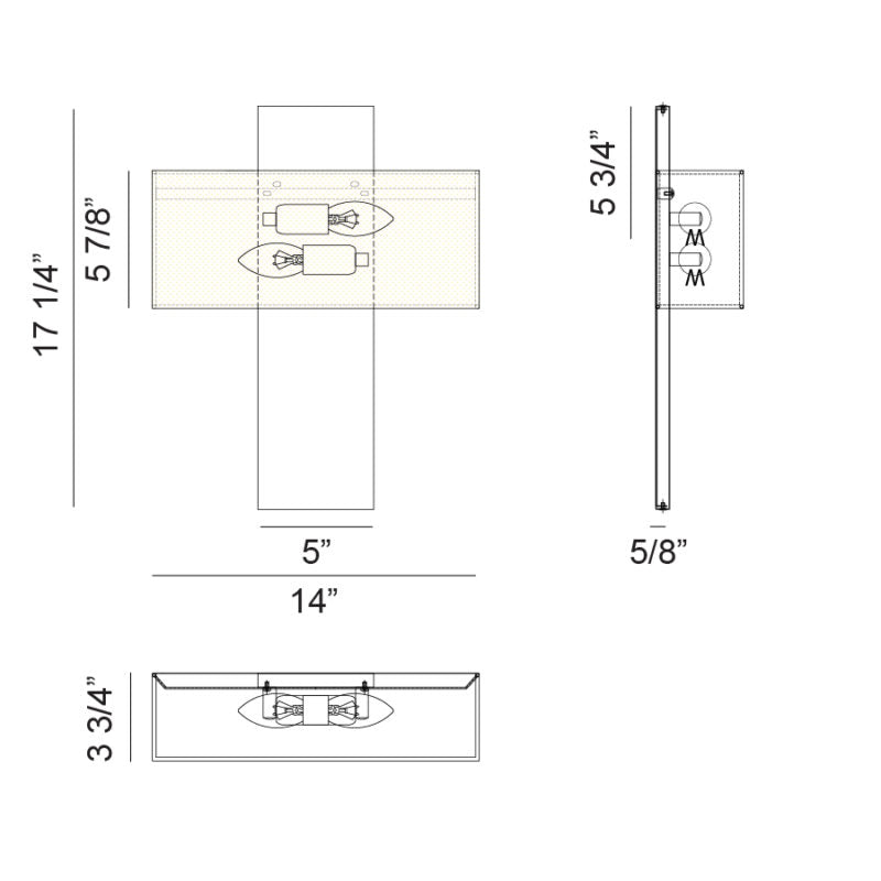 Matteo Lighting Stafford 17" 2-Light Wall Sconce – line drawing with dimensions